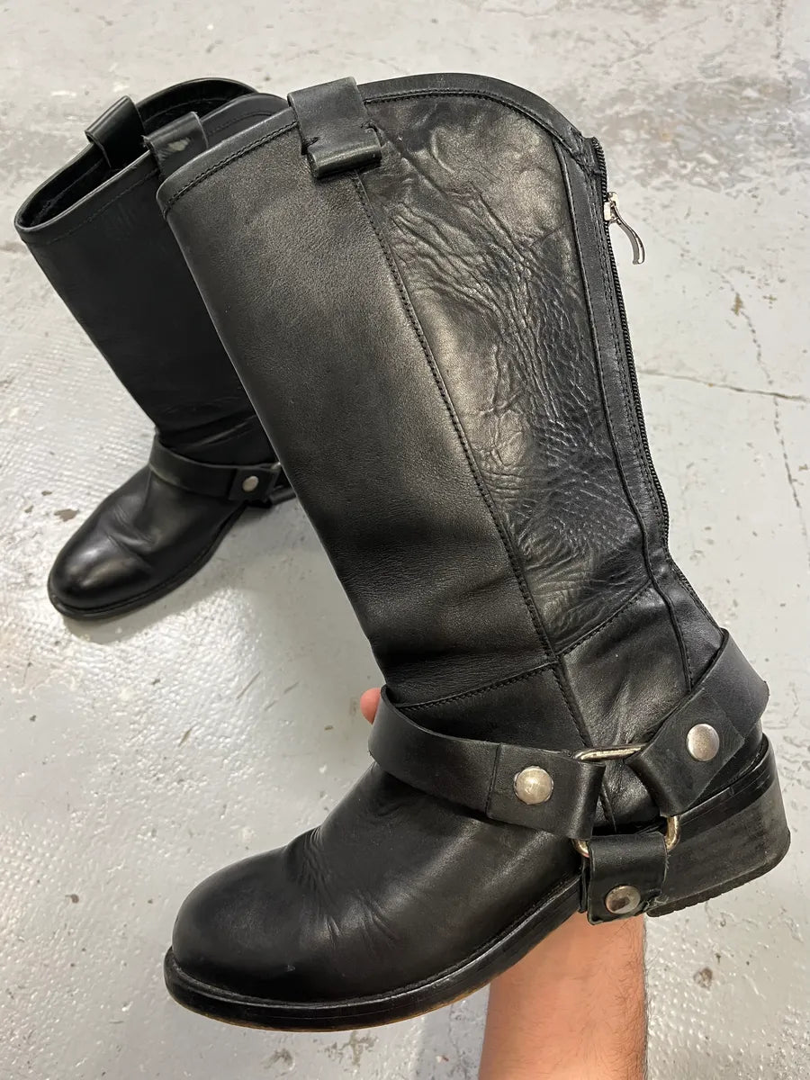 2000s Cavalli Black Buckle Ankle Biker Leather Boots tuEUflh 0
