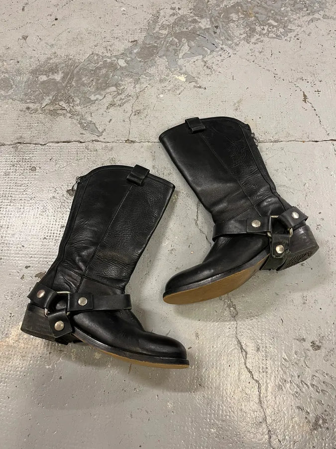 2000s Cavalli Black Buckle Ankle Biker Leather Boots tuEUflh 1