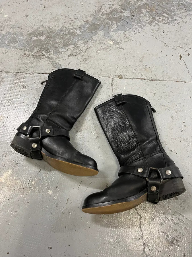 2000s Cavalli Black Buckle Ankle Biker Leather Boots tuEUflh 2