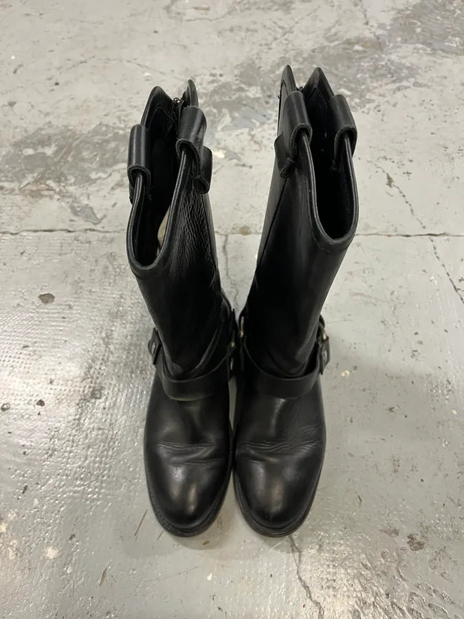 2000s Cavalli Black Buckle Ankle Biker Leather Boots tuEUflh 3