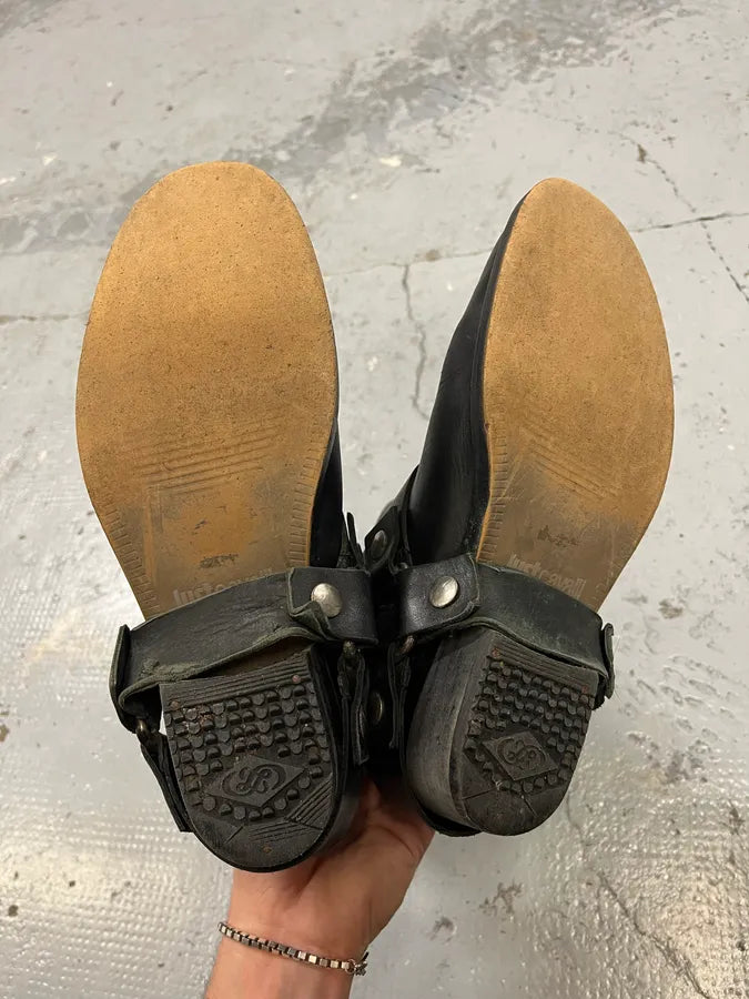 2000s Cavalli Black Buckle Ankle Biker Leather Boots tuEUflh 4