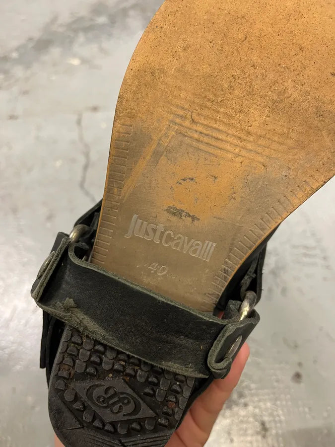 2000s Cavalli Black Buckle Ankle Biker Leather Boots tuEUflh 5