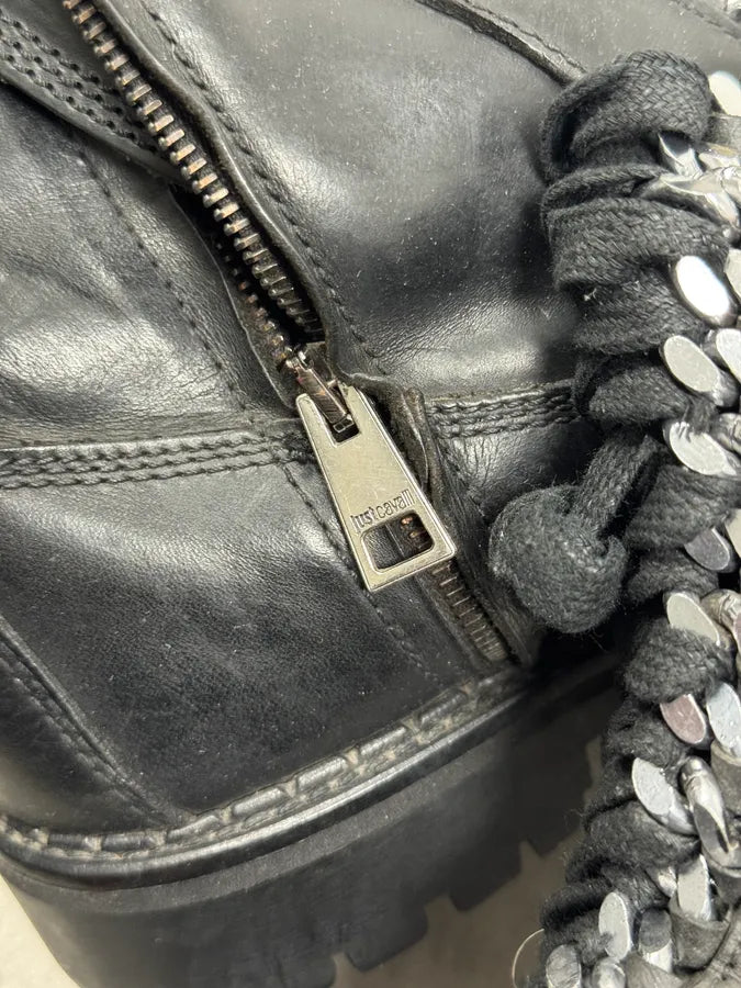 2000s Cavalli Black Chained Combat Leather Boots xRnIkgS 6