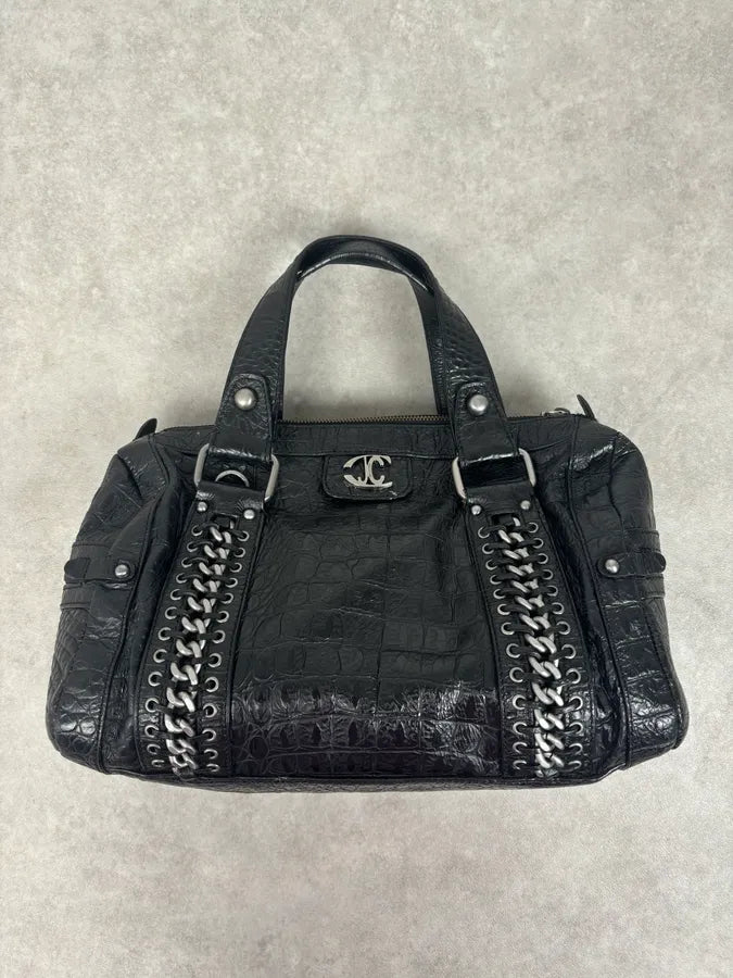 2000s Cavalli Black Crocodile Effect Leather Handle Bag POyVzyz 3