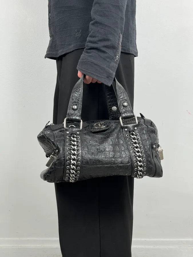2000s Cavalli Black Crocodile Effect Leather Handle Bag POyVzyz 2