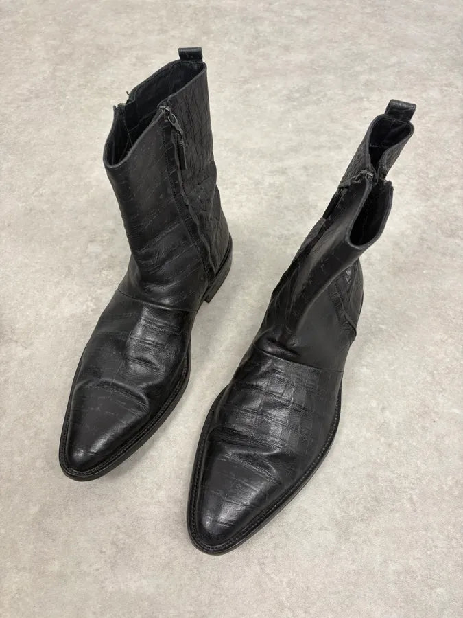 2000s Cavalli Black Crocodile Embossed Leather Boots MlEXdvi 2