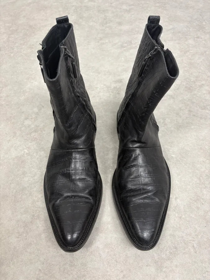2000s Cavalli Black Crocodile Embossed Leather Boots MlEXdvi 1