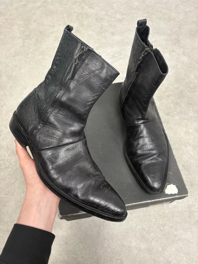2000s Cavalli Black Crocodile Embossed Leather Boots MlEXdvi 0