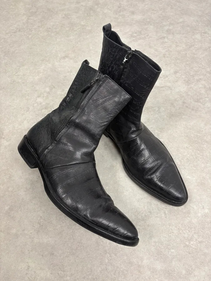 2000s Cavalli Black Crocodile Embossed Leather Boots MlEXdvi 4