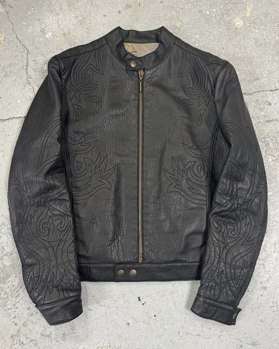 2000s Cavalli Black Embroidered Flowers Leather Jacket (L) 0
