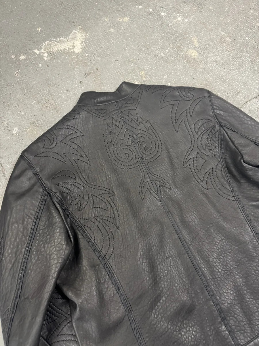 2000s Cavalli Black Embroidered Flowers Leather Jacket (L) 1