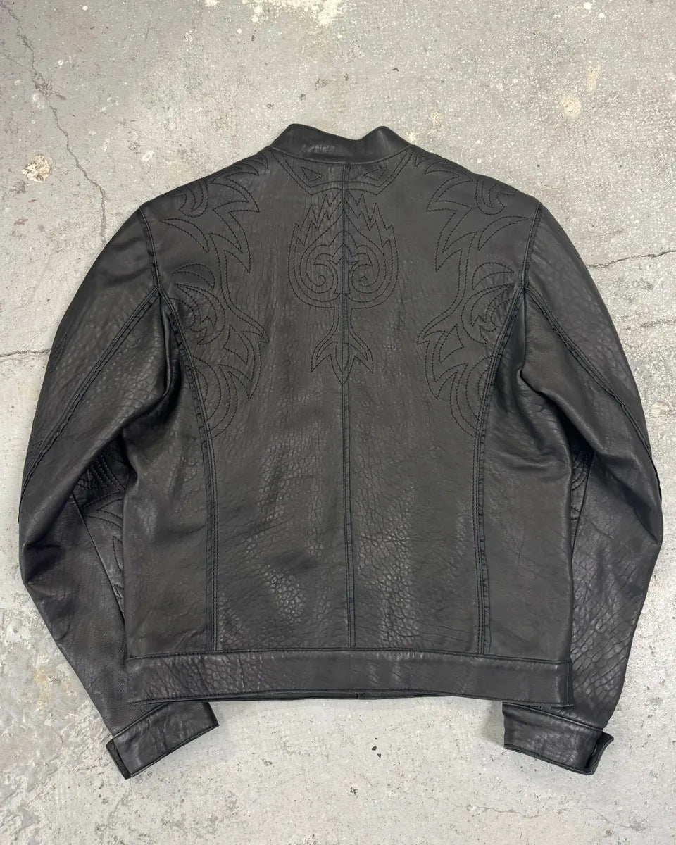 2000s Cavalli Black Embroidered Flowers Leather Jacket (L) 2