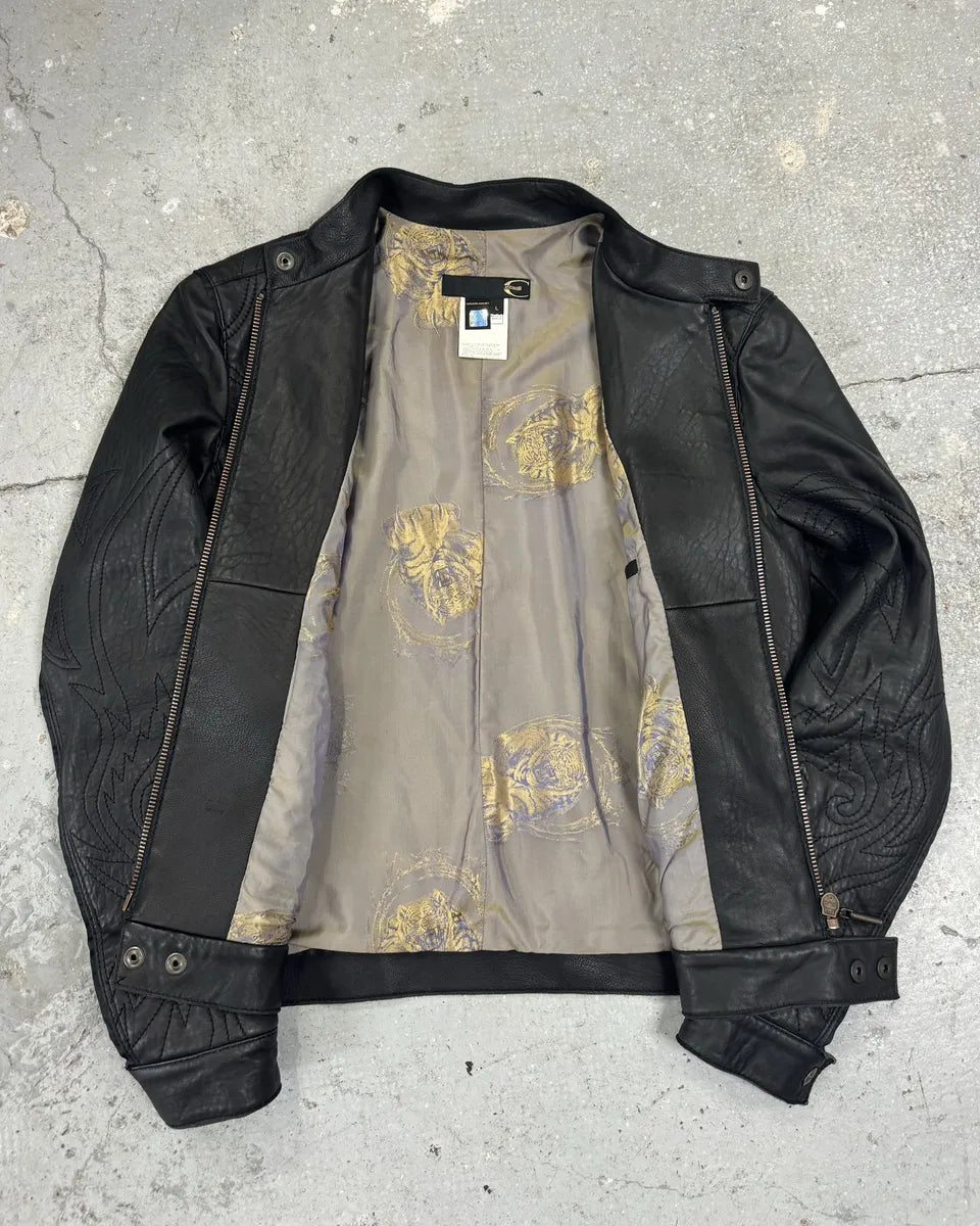 2000s Cavalli Black Embroidered Flowers Leather Jacket (L) 3