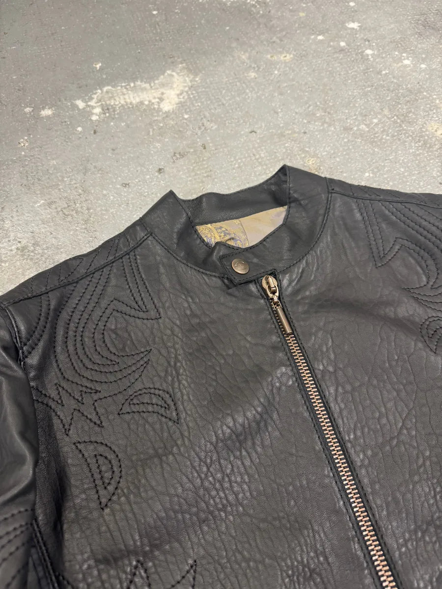 2000s Cavalli Black Embroidered Flowers Leather Jacket (L) 4