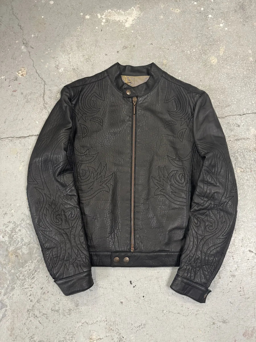 2000s Cavalli Black Embroidered Flowers Leather Jacket (L) 5