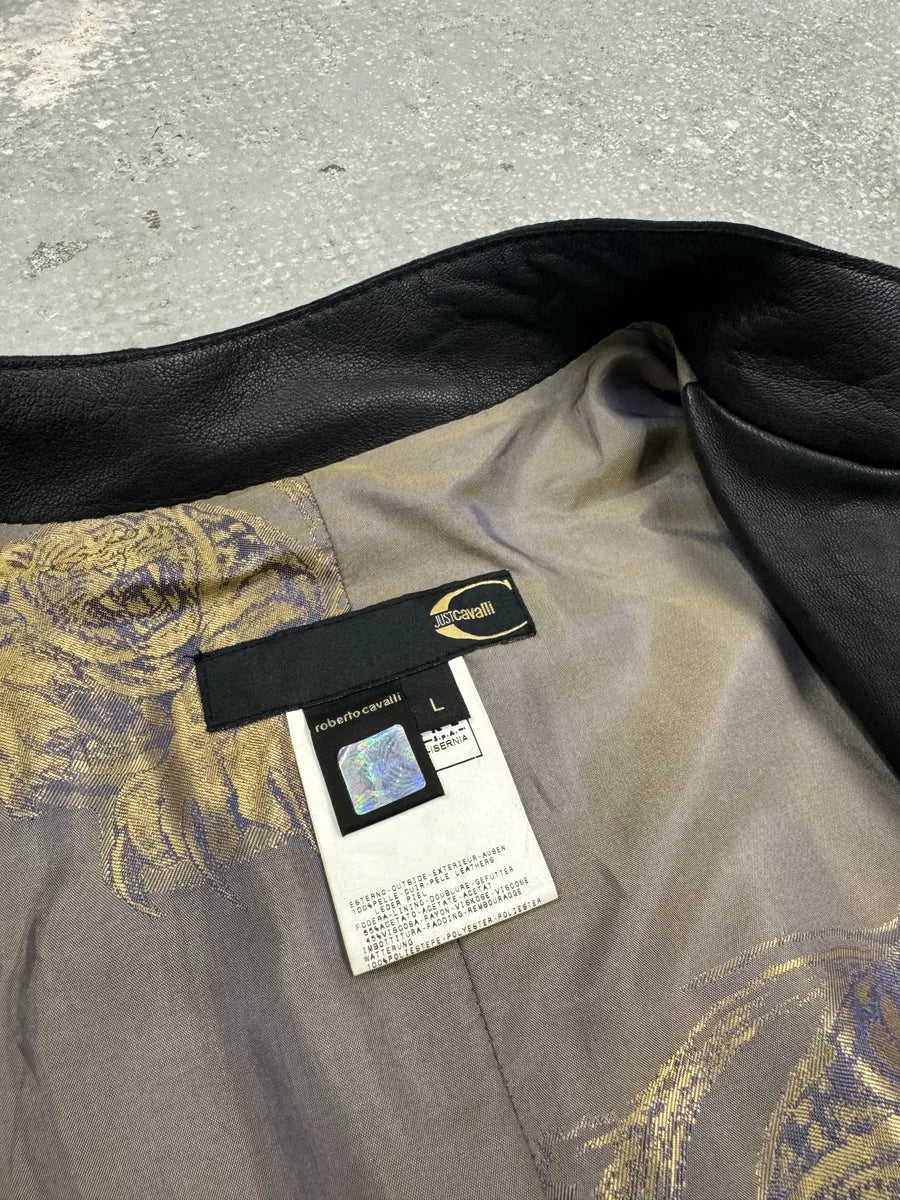 2000s Cavalli Black Embroidered Flowers Leather Jacket (L) 6