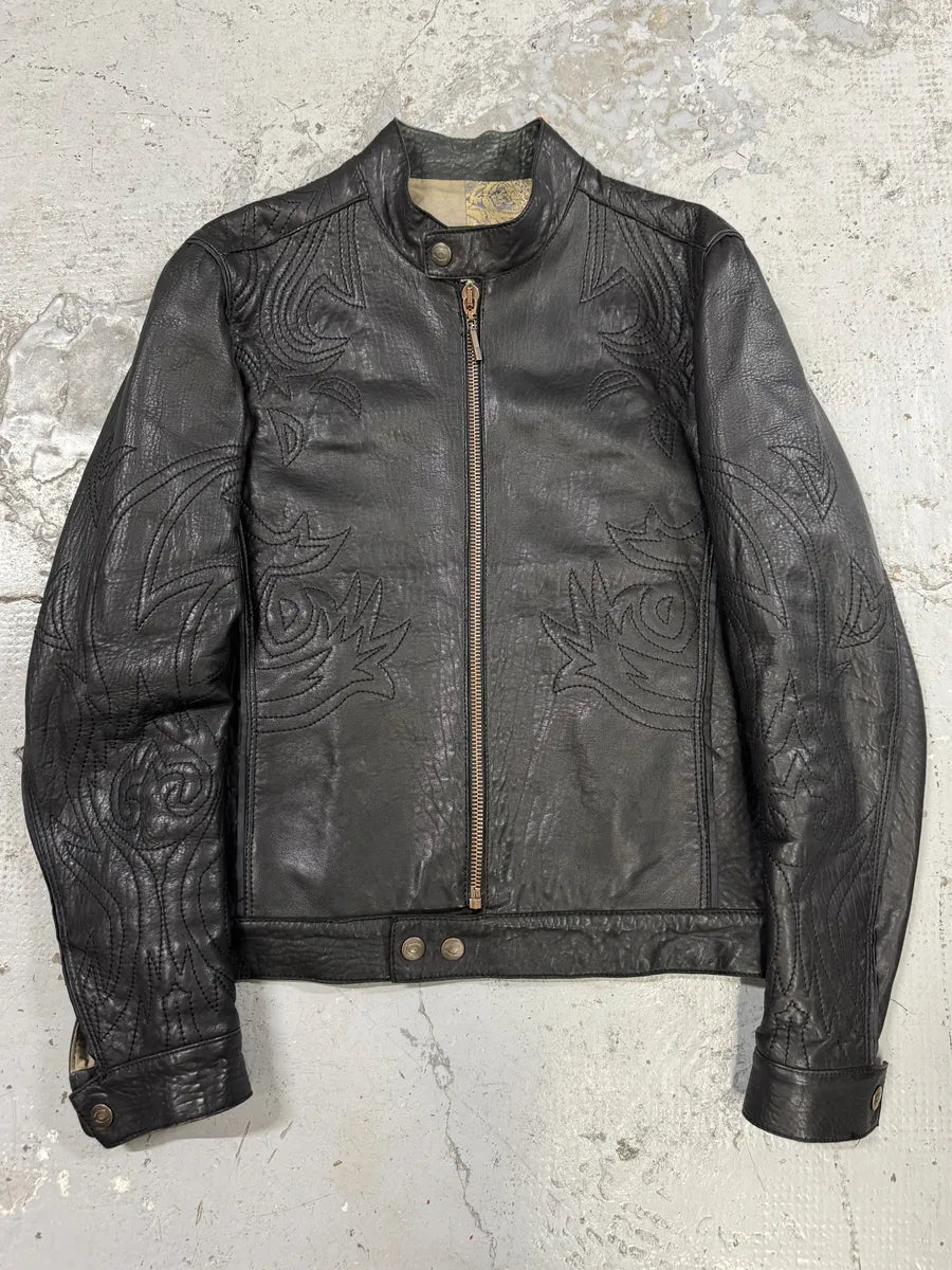 2000s Cavalli Black Embroidered Flowers Leather Jacket TafvSqO 0