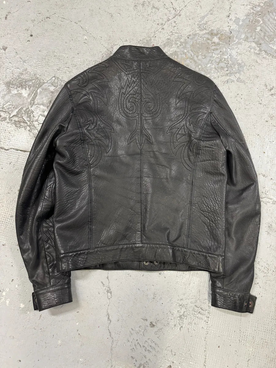 2000s Cavalli Black Embroidered Flowers Leather Jacket TafvSqO 1