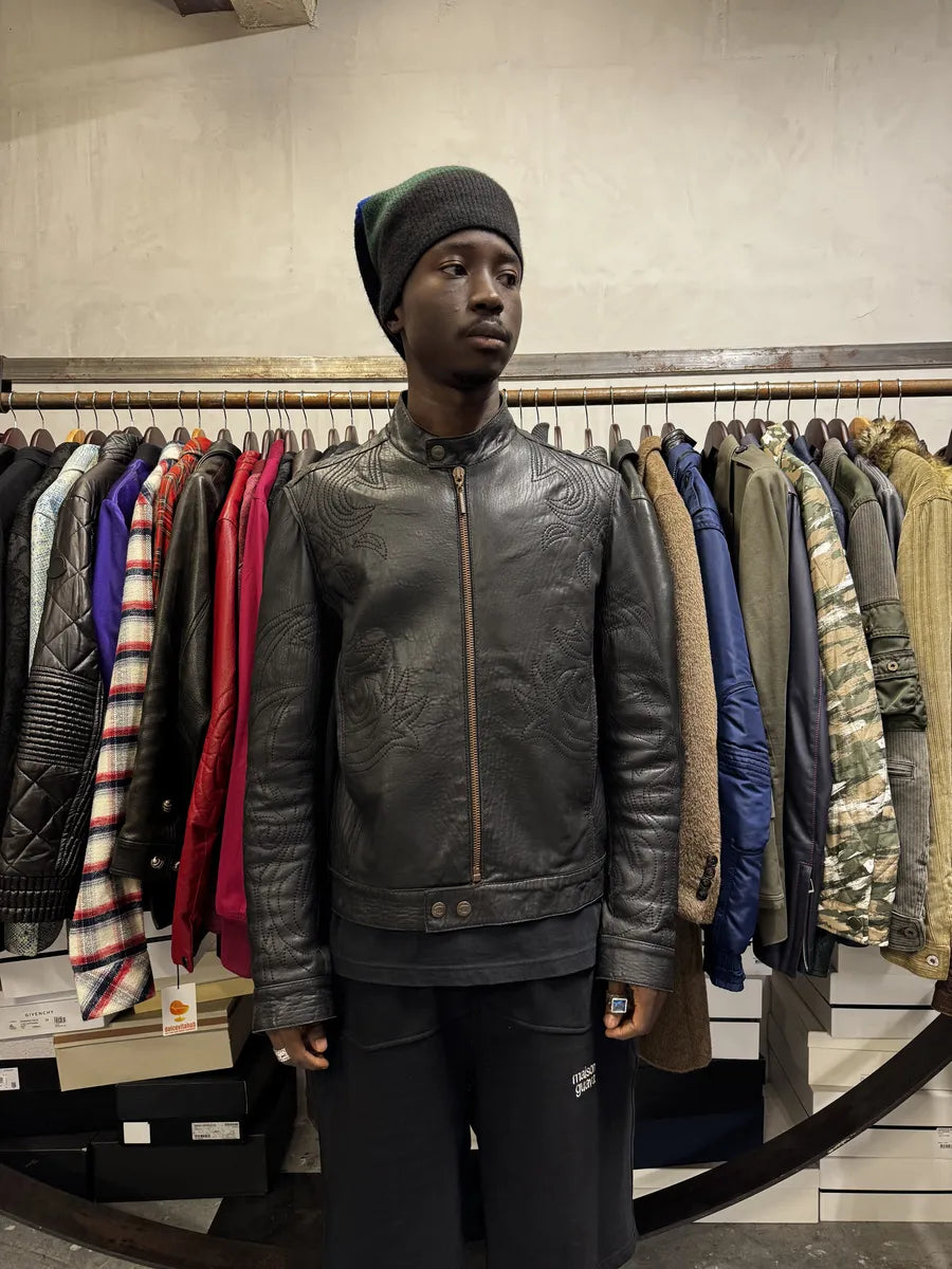 2000s Cavalli Black Embroidered Flowers Leather Jacket TafvSqO 2