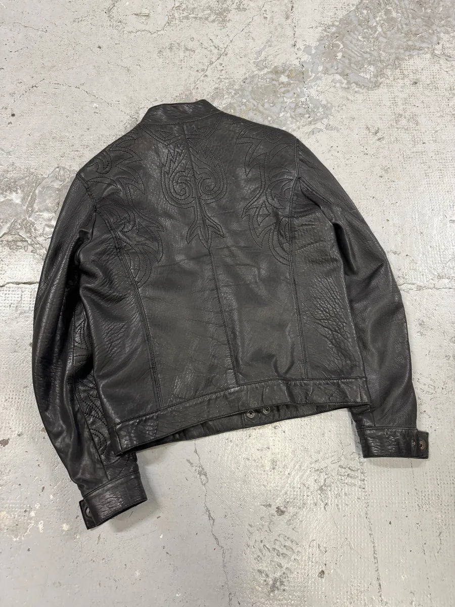 2000s Cavalli Black Embroidered Flowers Leather Jacket TafvSqO 4
