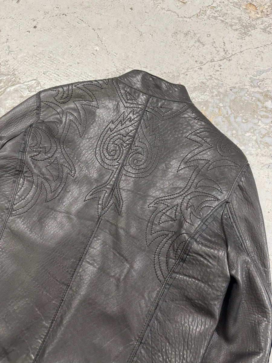 2000s Cavalli Black Embroidered Flowers Leather Jacket TafvSqO 5