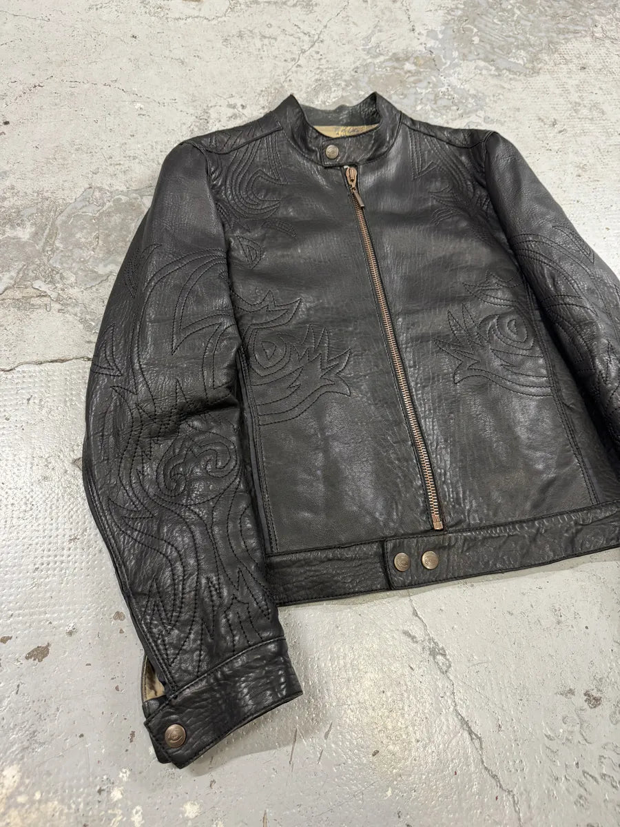 2000s Cavalli Black Embroidered Flowers Leather Jacket TafvSqO 6