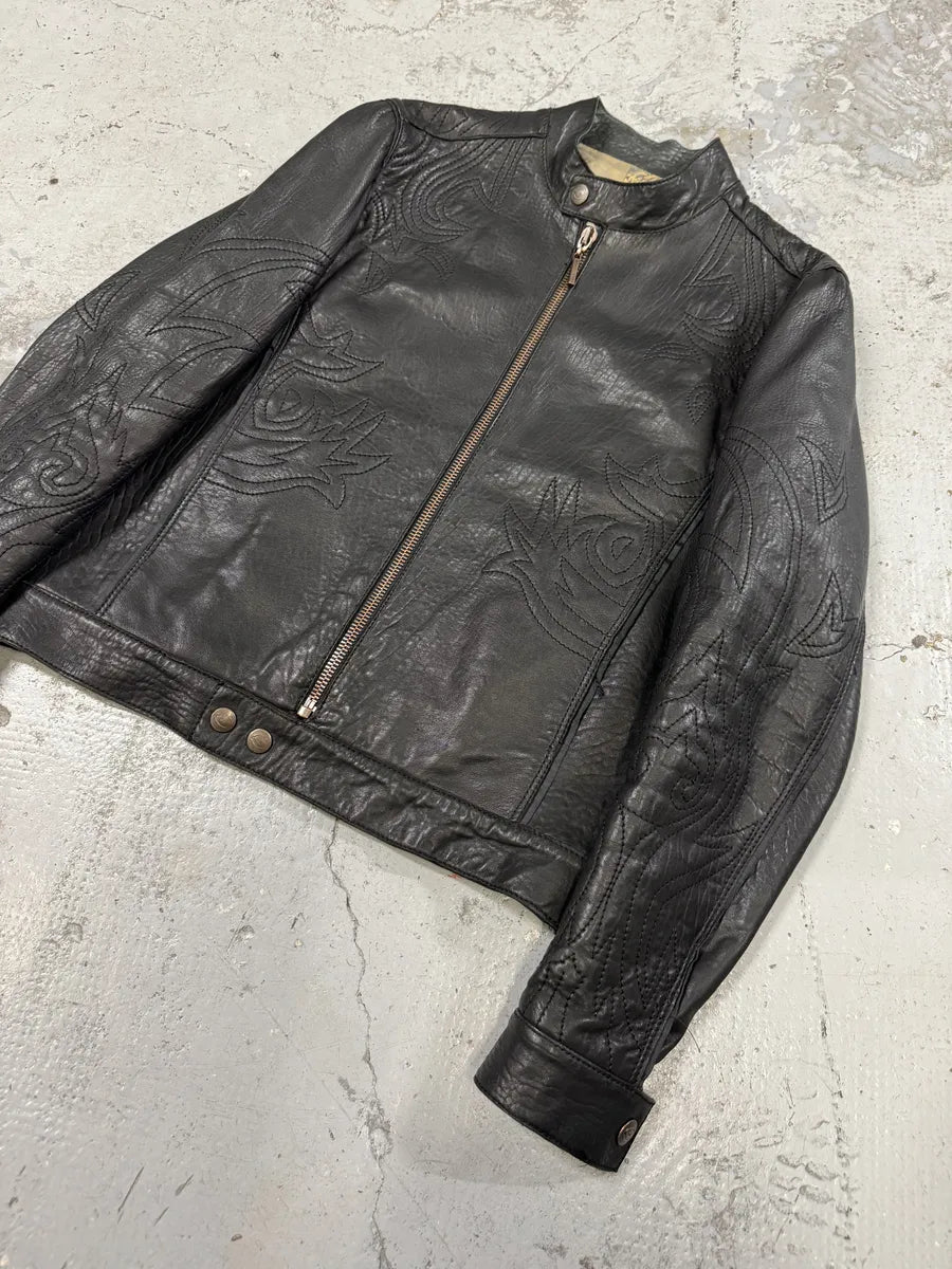2000s Cavalli Black Embroidered Flowers Leather Jacket TafvSqO 7