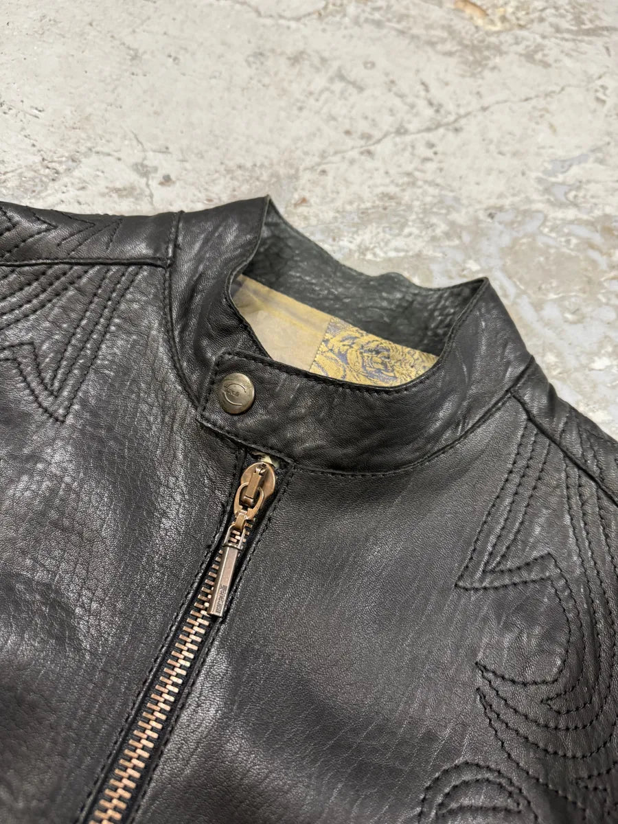 2000s Cavalli Black Embroidered Flowers Leather Jacket TafvSqO 8
