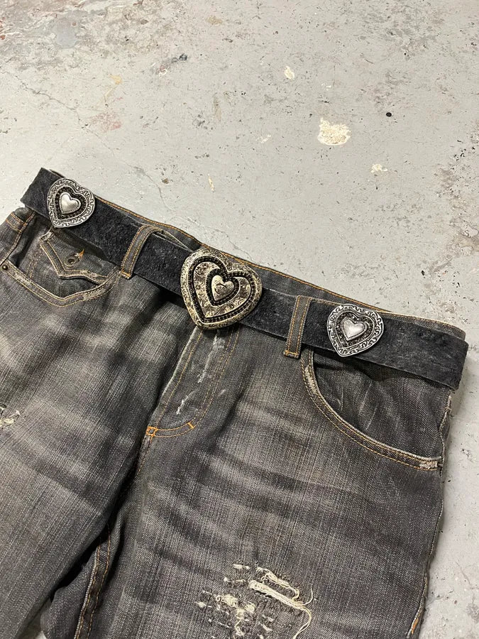 2000s Cavalli Black Eroded Leather Heart Buckle Belt nGtIqCi 0