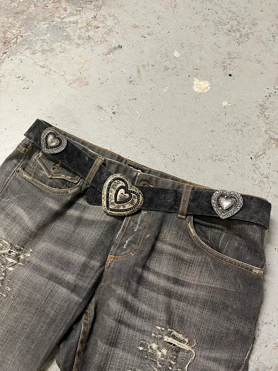 2000s Cavalli Black Eroded Leather Heart Buckle Belt nGtIqCi 2