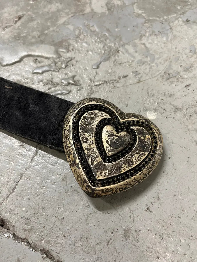 2000s Cavalli Black Eroded Leather Heart Buckle Belt nGtIqCi 4