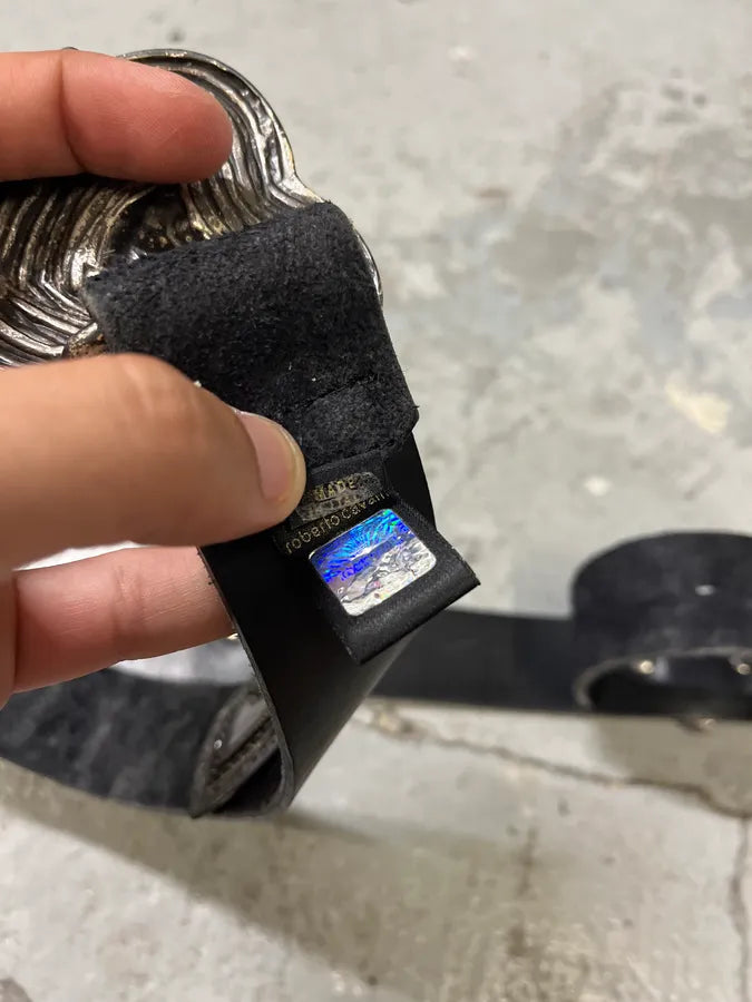 2000s Cavalli Black Eroded Leather Heart Buckle Belt nGtIqCi 8