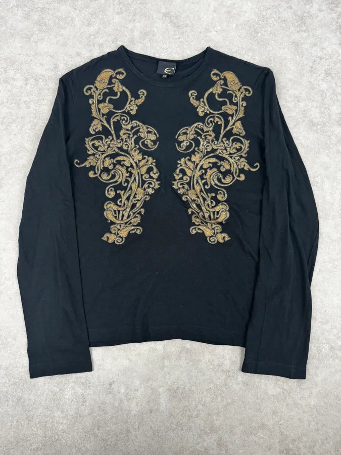 SS2007 Cavalli Black Golden Baroque Ornaments Longsleeve T-Shirt KuwZhwv 0