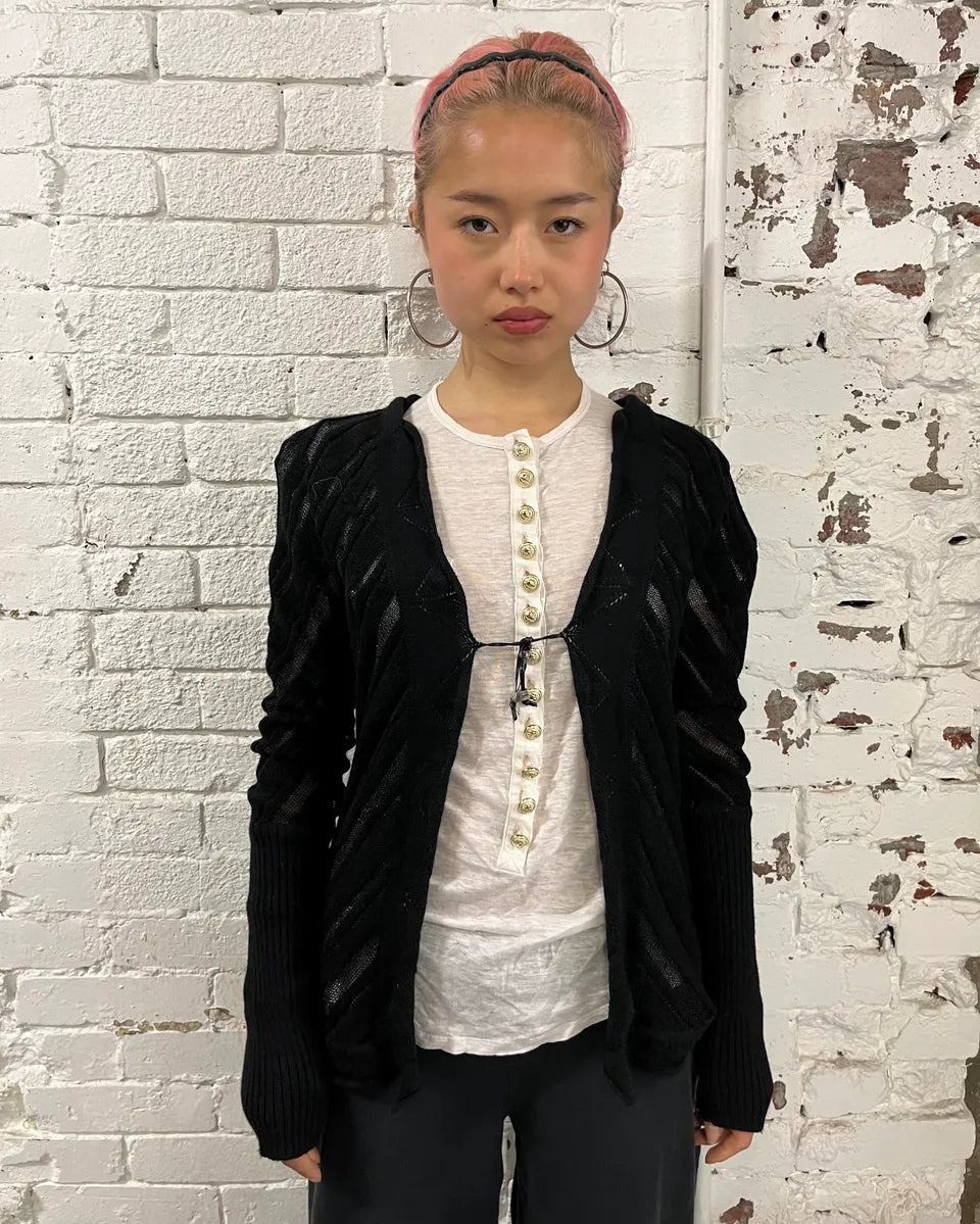 2000s Cavalli Black Knit Sheer Black Cardigan tDfVaKq 1
