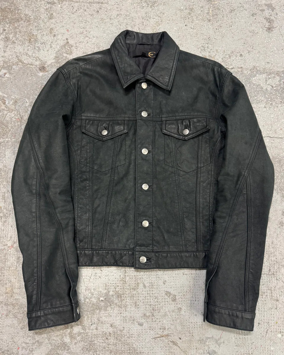 2000s Cavalli Black Leather Buttoned Jacket (M) yNONaGQ 0