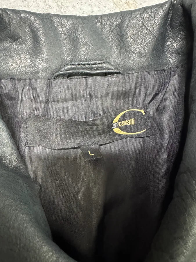 2000s Cavalli Black Leather Buttoned Jacket (M) yNONaGQ 6