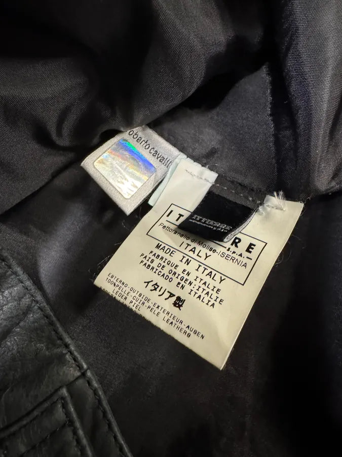 2000s Cavalli Black Leather Buttoned Jacket (M) yNONaGQ 8