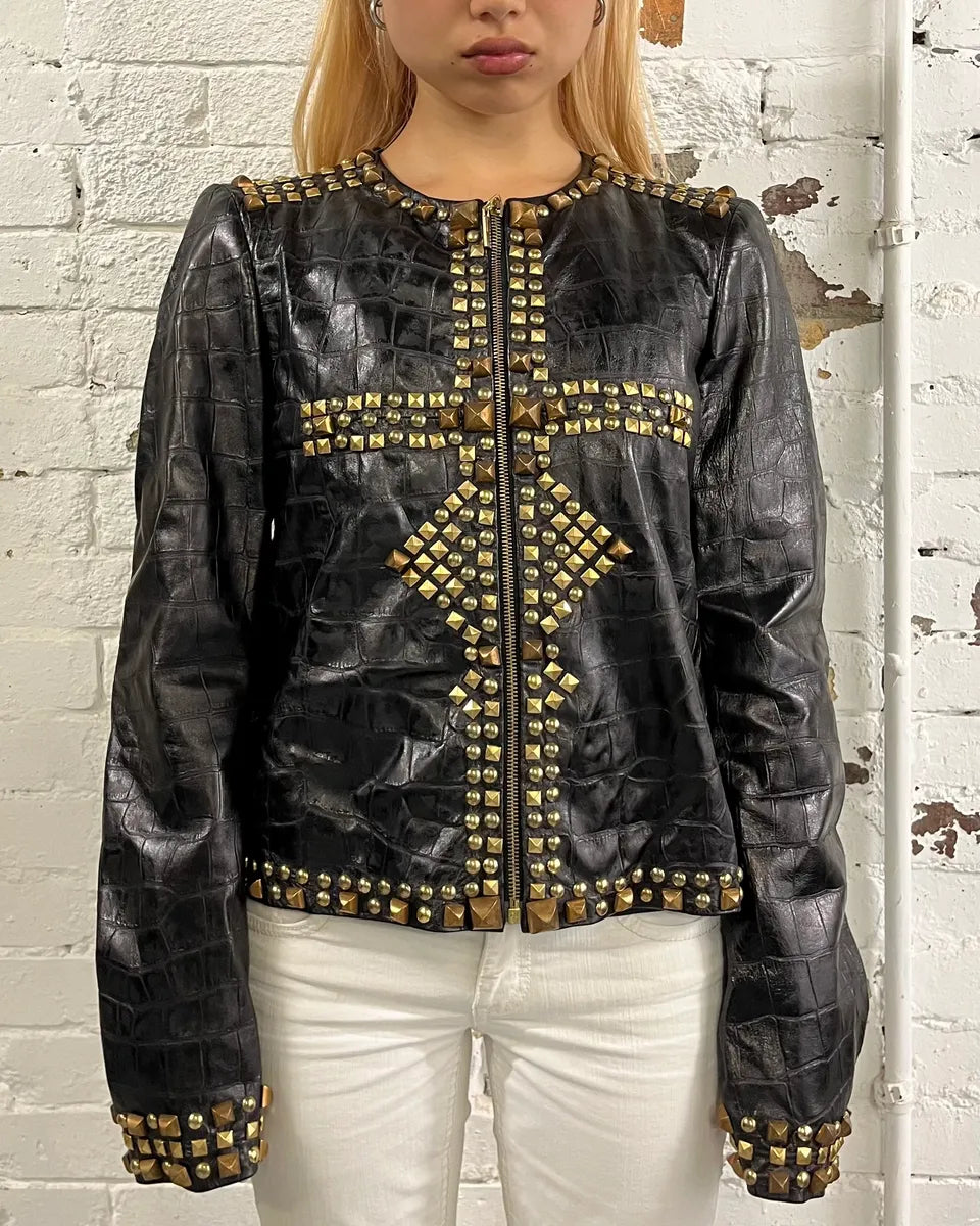 2000s Cavalli Black Leather Crocodile Embossed Studded Leather Jacket zGPiCNe 0