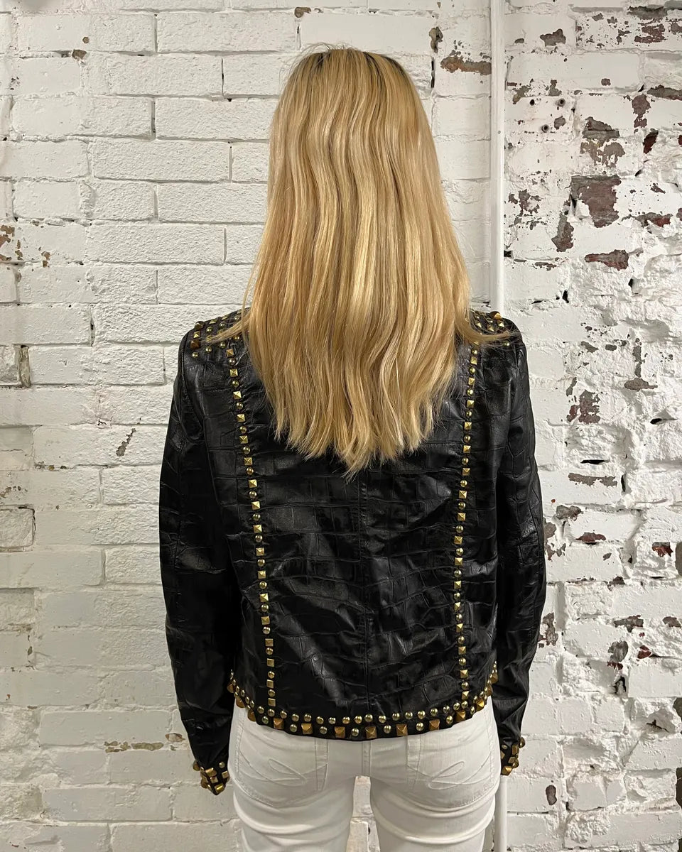 2000s Cavalli Black Leather Crocodile Embossed Studded Leather Jacket zGPiCNe 1