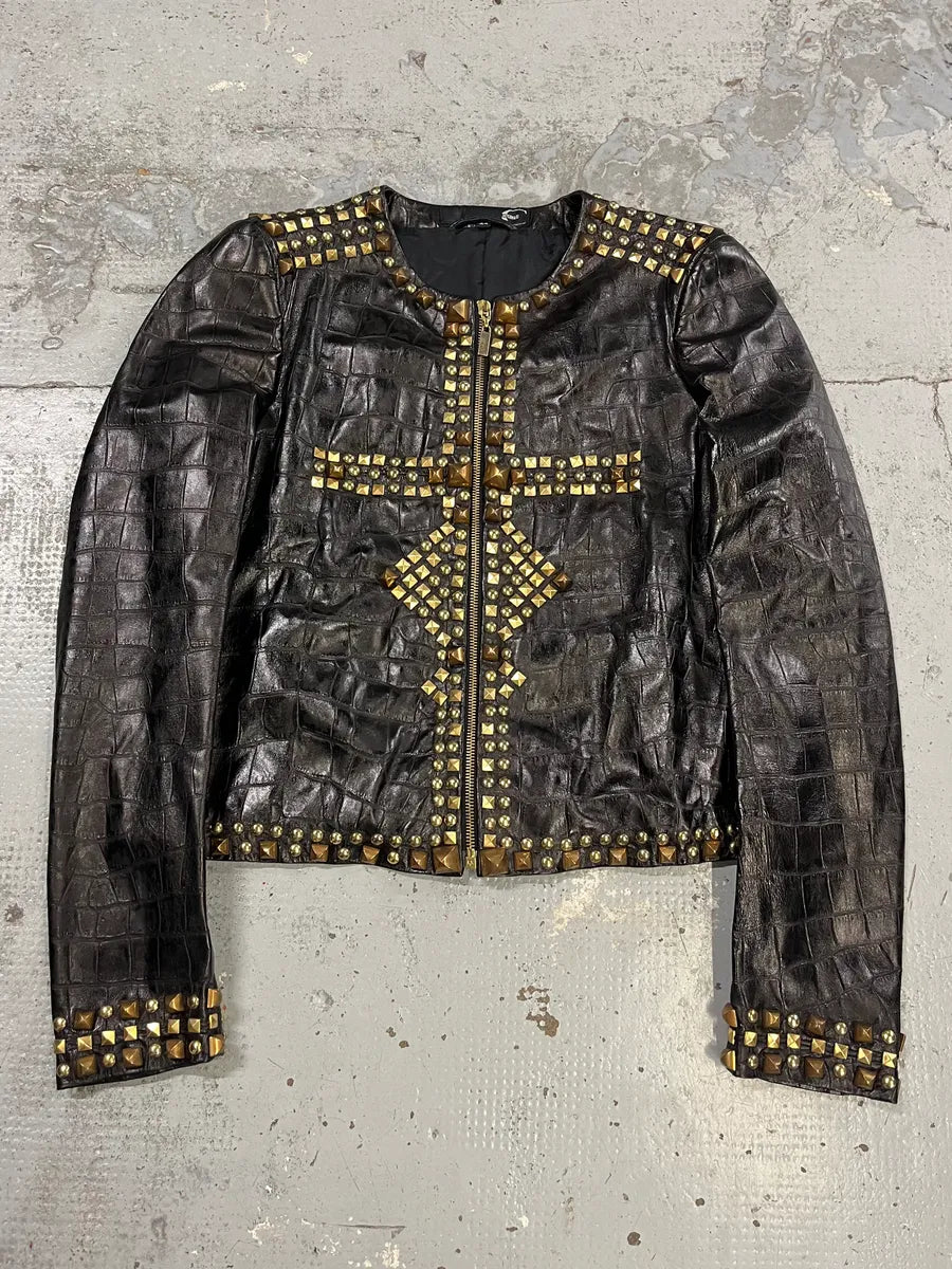 2000s Cavalli Black Leather Crocodile Embossed Studded Leather Jacket zGPiCNe 2