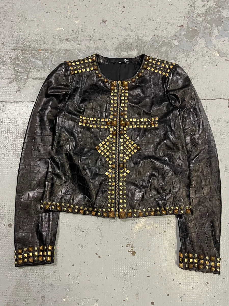 2000s Cavalli Black Leather Crocodile Embossed Studded Leather Jacket zGPiCNe 3