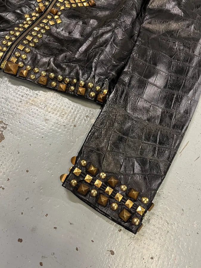 2000s Cavalli Black Leather Crocodile Embossed Studded Leather Jacket zGPiCNe 4