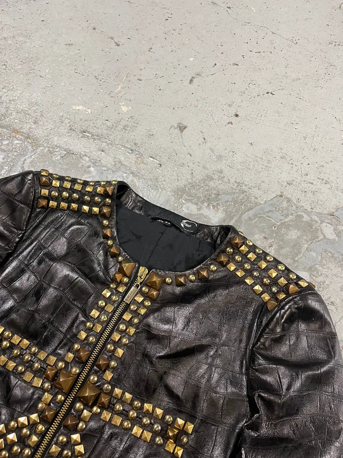 2000s Cavalli Black Leather Crocodile Embossed Studded Leather Jacket zGPiCNe 5