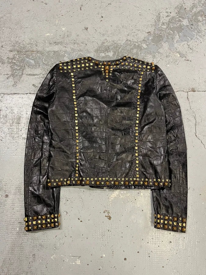 2000s Cavalli Black Leather Crocodile Embossed Studded Leather Jacket zGPiCNe 6