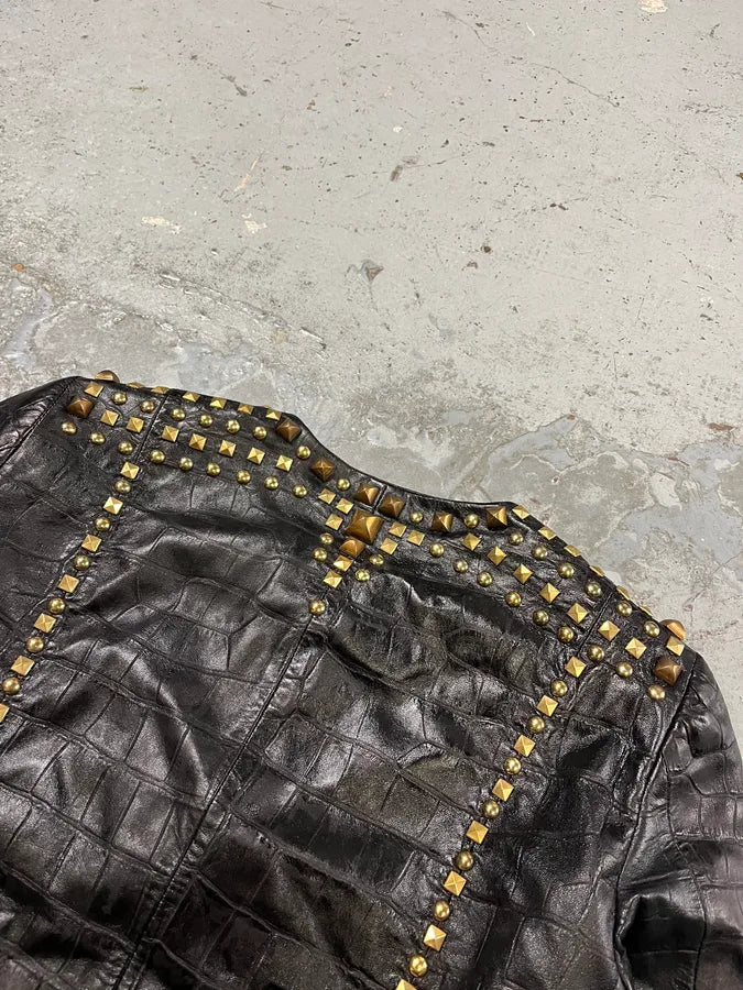 2000s Cavalli Black Leather Crocodile Embossed Studded Leather Jacket zGPiCNe 7