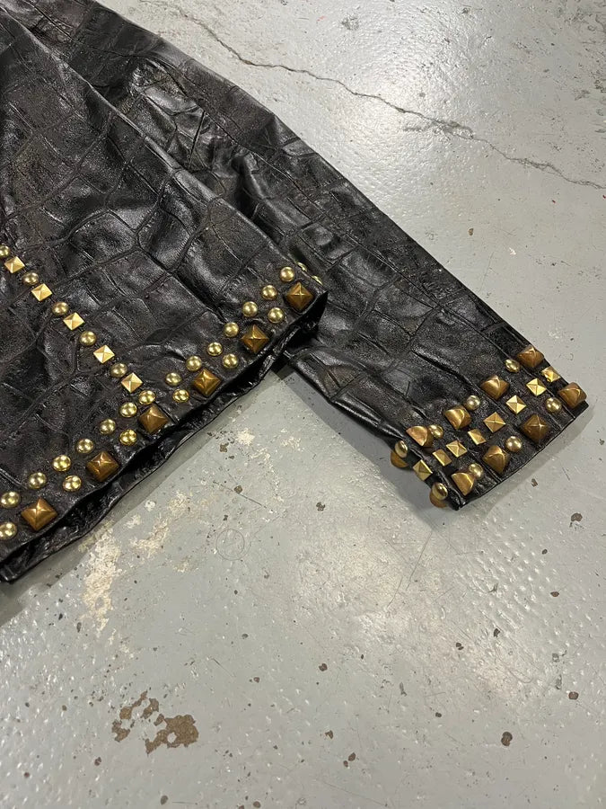 2000s Cavalli Black Leather Crocodile Embossed Studded Leather Jacket zGPiCNe 8