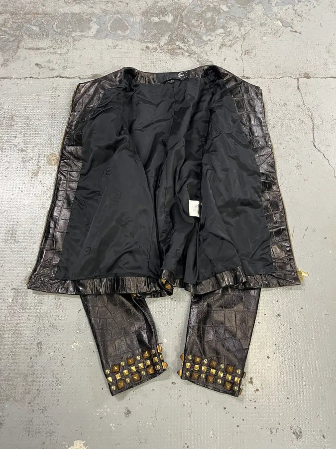 2000s Cavalli Black Leather Crocodile Embossed Studded Leather Jacket zGPiCNe 9