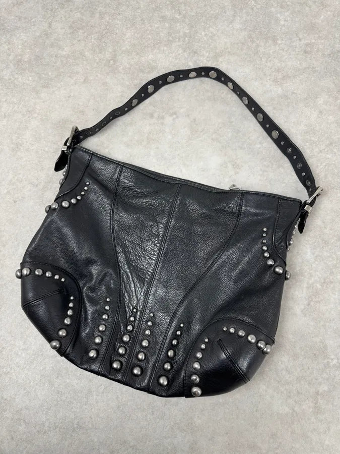 2000s Cavalli Black Leather Studded Roller Handle Bag zVkIwSj 2