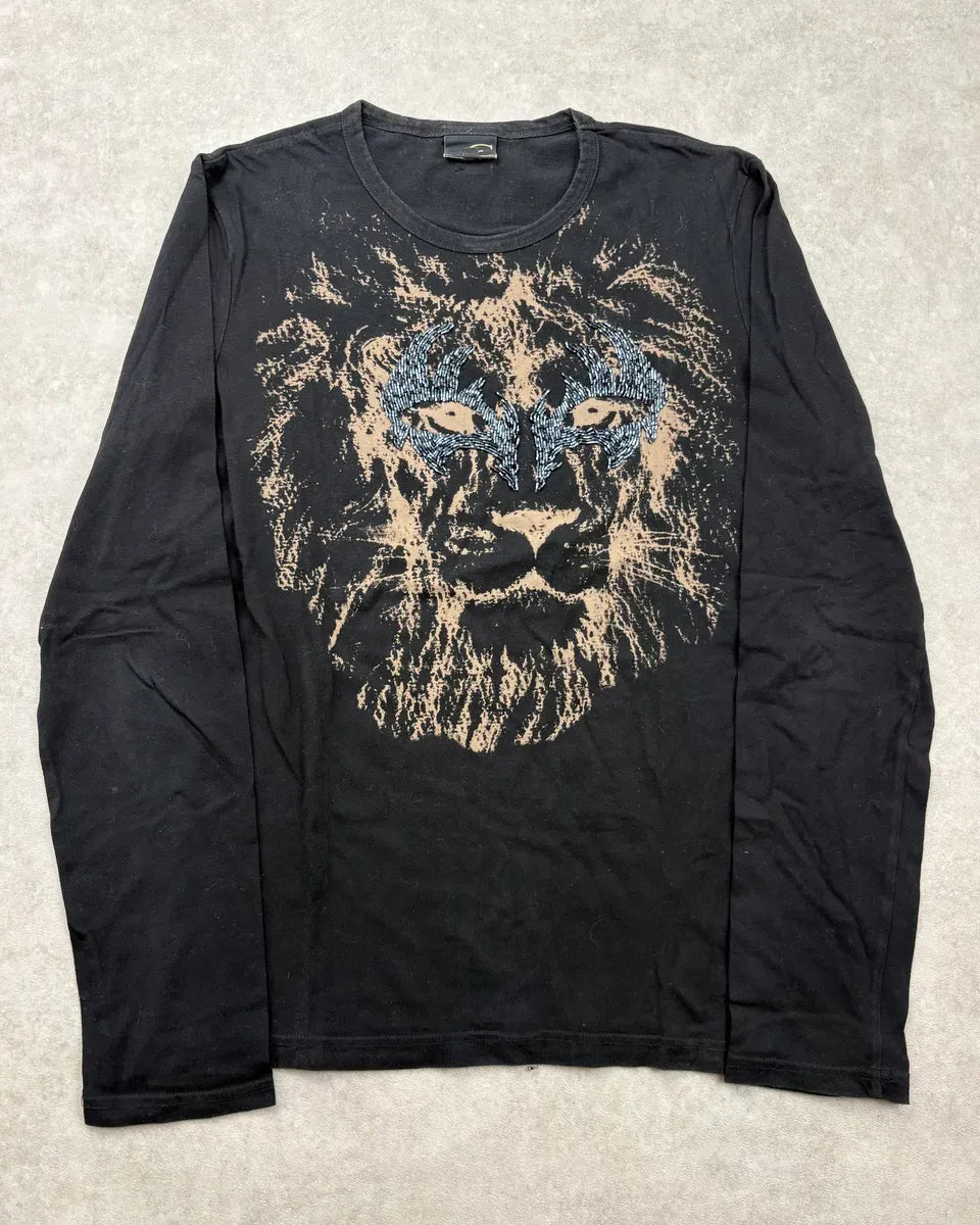 2000s Cavalli Black Lion Head Embroidered Longsleeves T-Shirt jTEpFEC 0