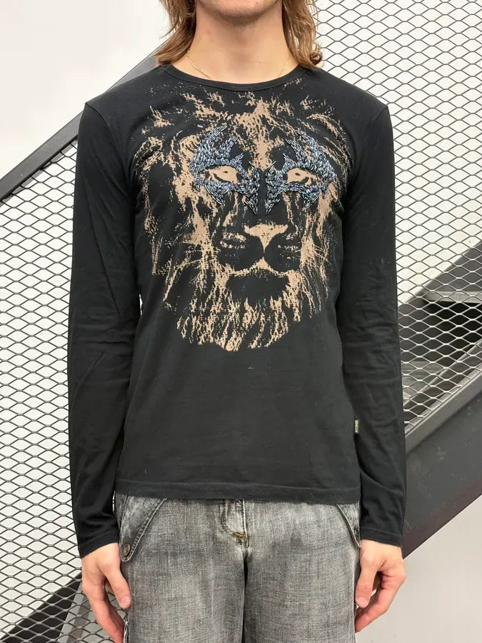 2000s Cavalli Black Lion Head Embroidered Longsleeves T-Shirt jTEpFEC 1